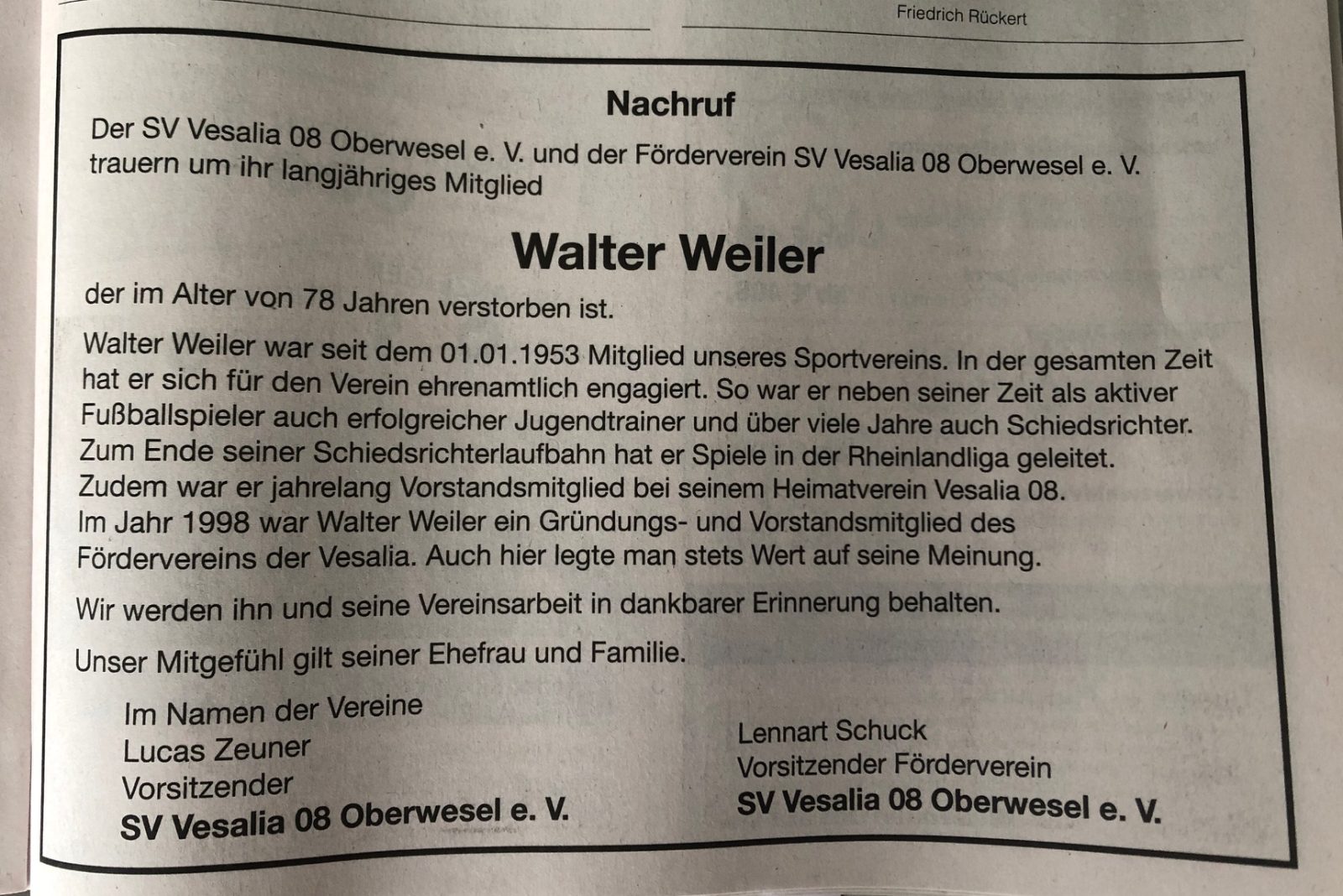 Nachruf Walter Weiler